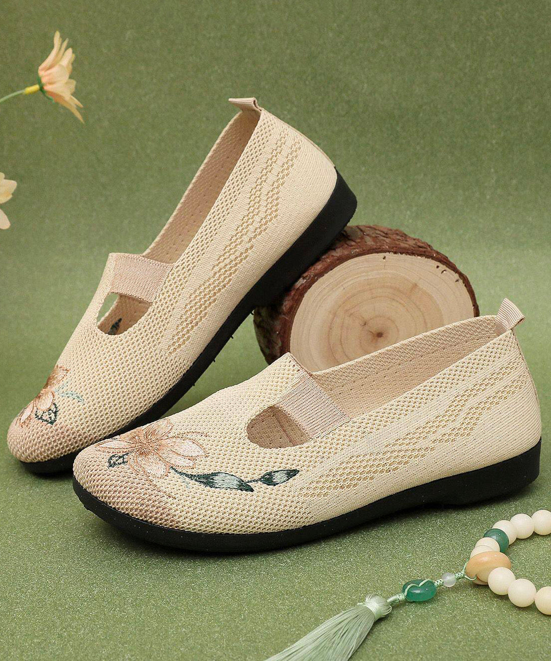 Soft Beige Embroidered Hollow Out Flat Shoes