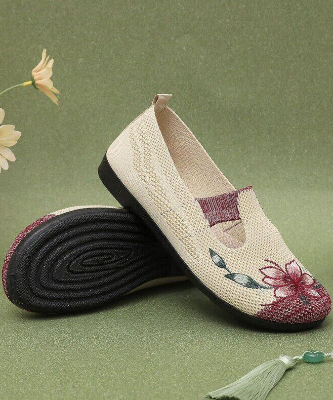 Soft Beige Embroidered Hollow Out Flat Shoes