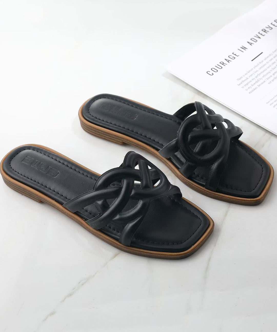Soft Black Faux Leather Thong Sandals