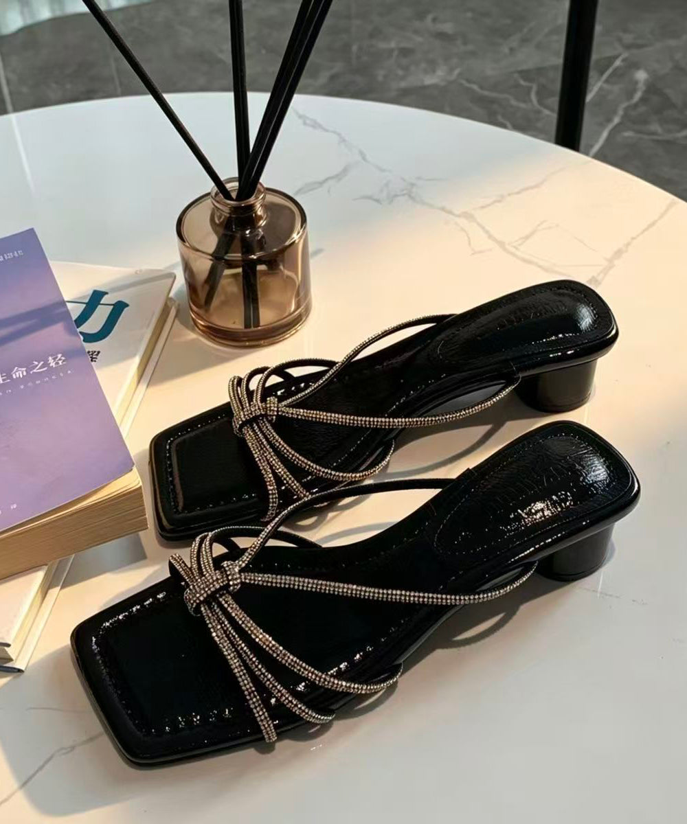Soft Chunky Black Rhinestone Faux Leather Slide Sandals