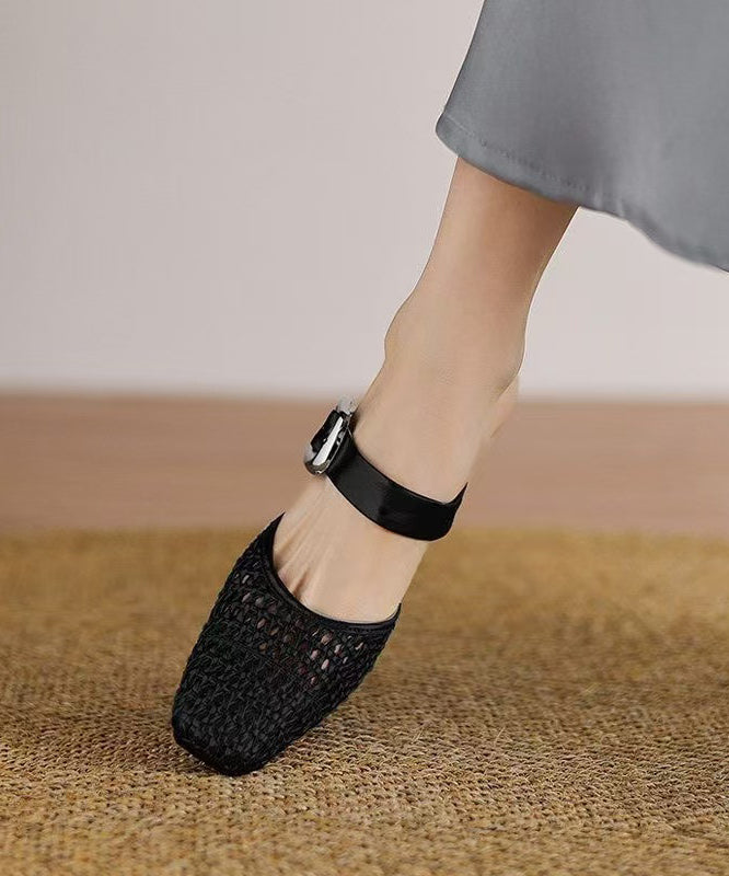 Soft Chunky Sandals Beige Hollow Out Knit Fabric