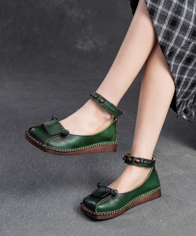 Soft Green Cowhide Leather Splicing Buckle Strap Flats Shoes