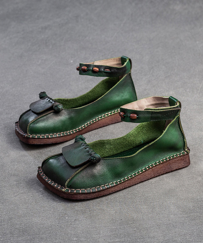 Soft Green Cowhide Leather Splicing Buckle Strap Flats Shoes