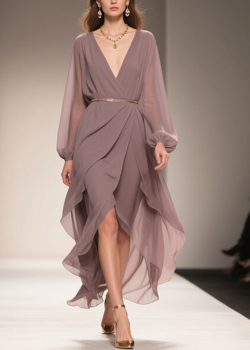 Soft Misty Lavender Gray Low High Design Chiffon Dress V Neck Spring