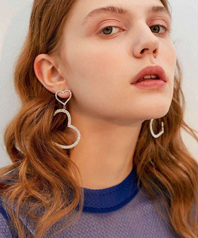Sparkling Double Heart Shape Design Zircon Drop Earrings - Omychic