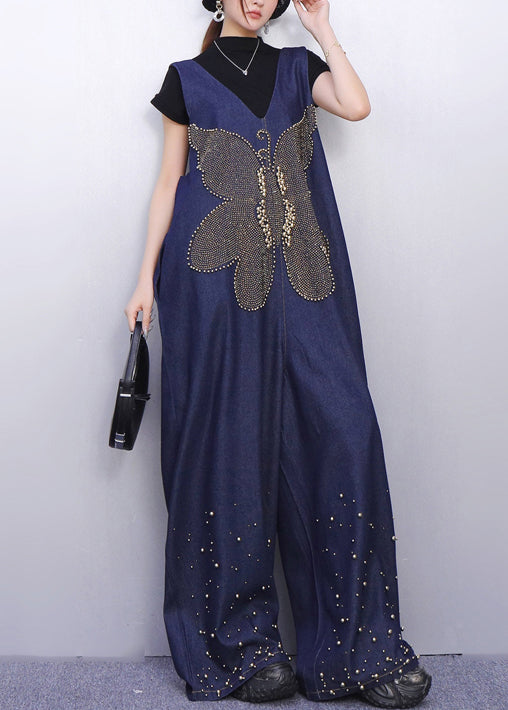 Sparkling Insect Motif Navy Denim Jumpsuits Urban Casual Stance