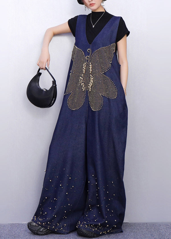 Sparkling Insect Motif Navy Denim Jumpsuits Urban Casual Stance