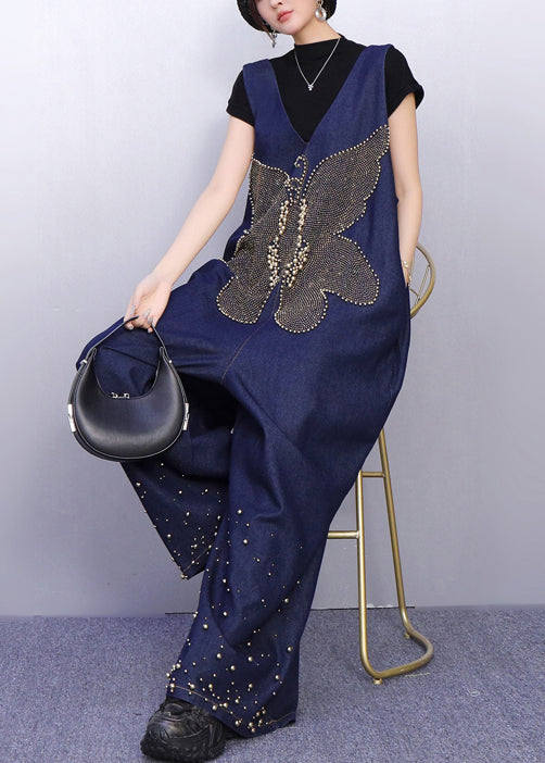 Sparkling Insect Motif Navy Denim Jumpsuits Urban Casual Stance