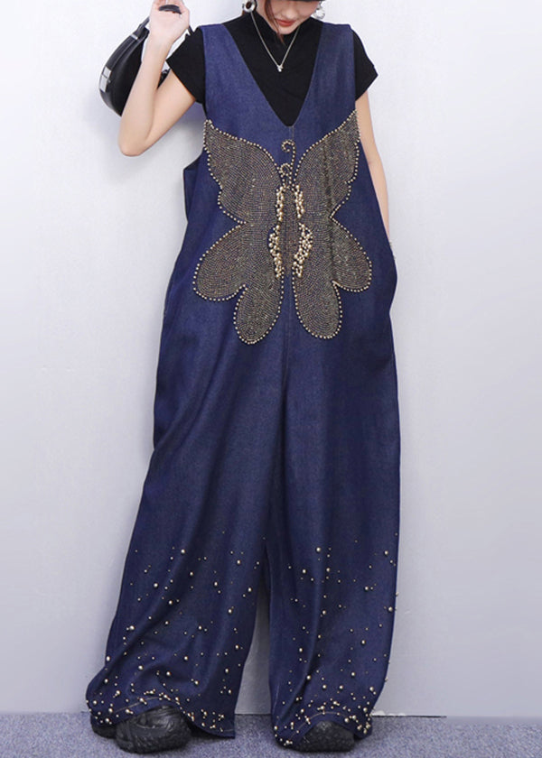 Sparkling Insect Motif Navy Denim Jumpsuits Urban Casual Stance