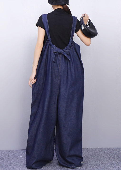 Sparkling Insect Motif Navy Denim Jumpsuits Urban Casual Stance