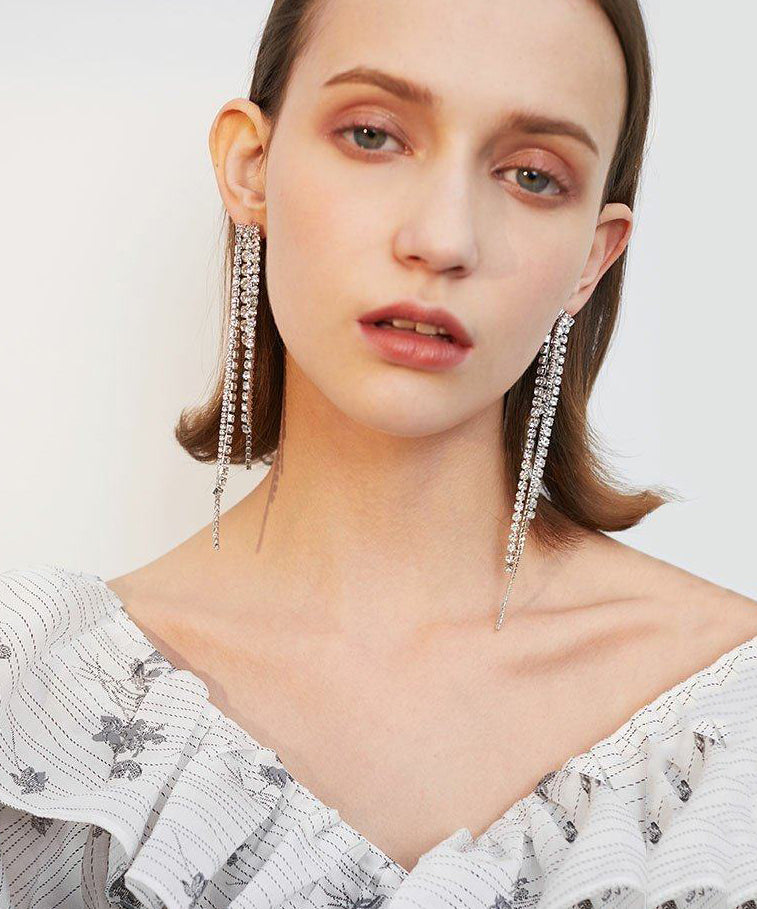 Sparkling Rhinestone Long Tassel Drop Earrings - Omychic