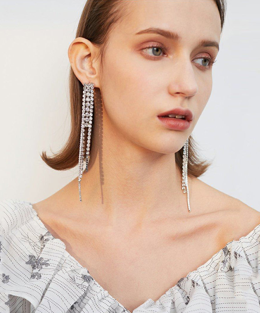 Sparkling Rhinestone Long Tassel Drop Earrings - Omychic