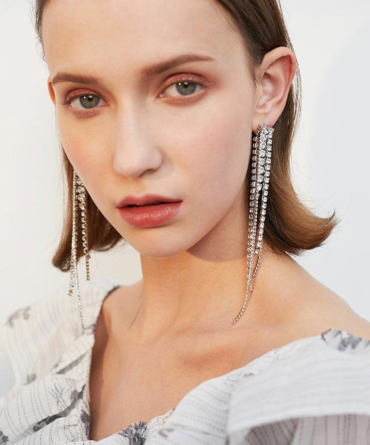 Sparkling Rhinestone Long Tassel Drop Earrings - Omychic