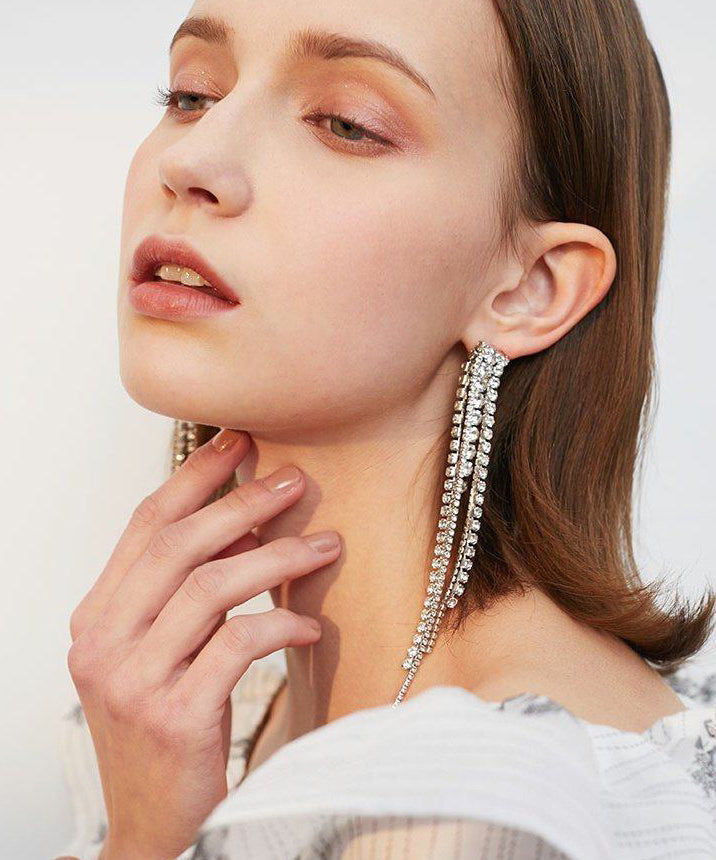 Sparkling Rhinestone Long Tassel Drop Earrings - Omychic