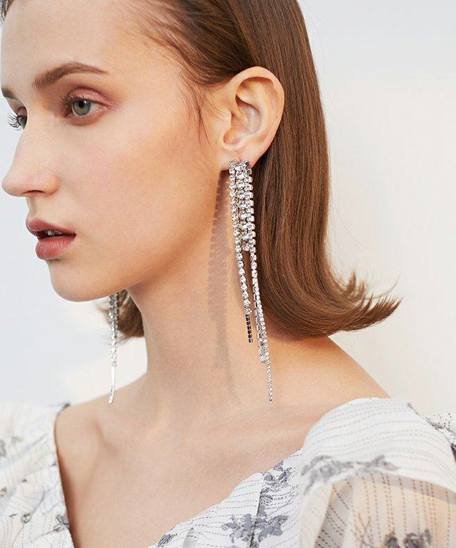 Sparkling Rhinestone Long Tassel Drop Earrings - Omychic