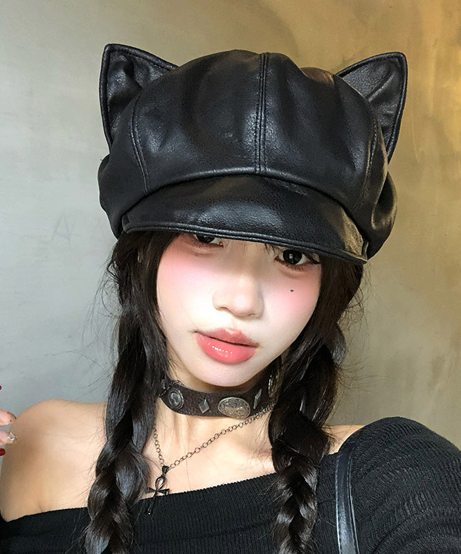 Spicy Girl Style Cat's Ears Black Faux Leather Beret Hat