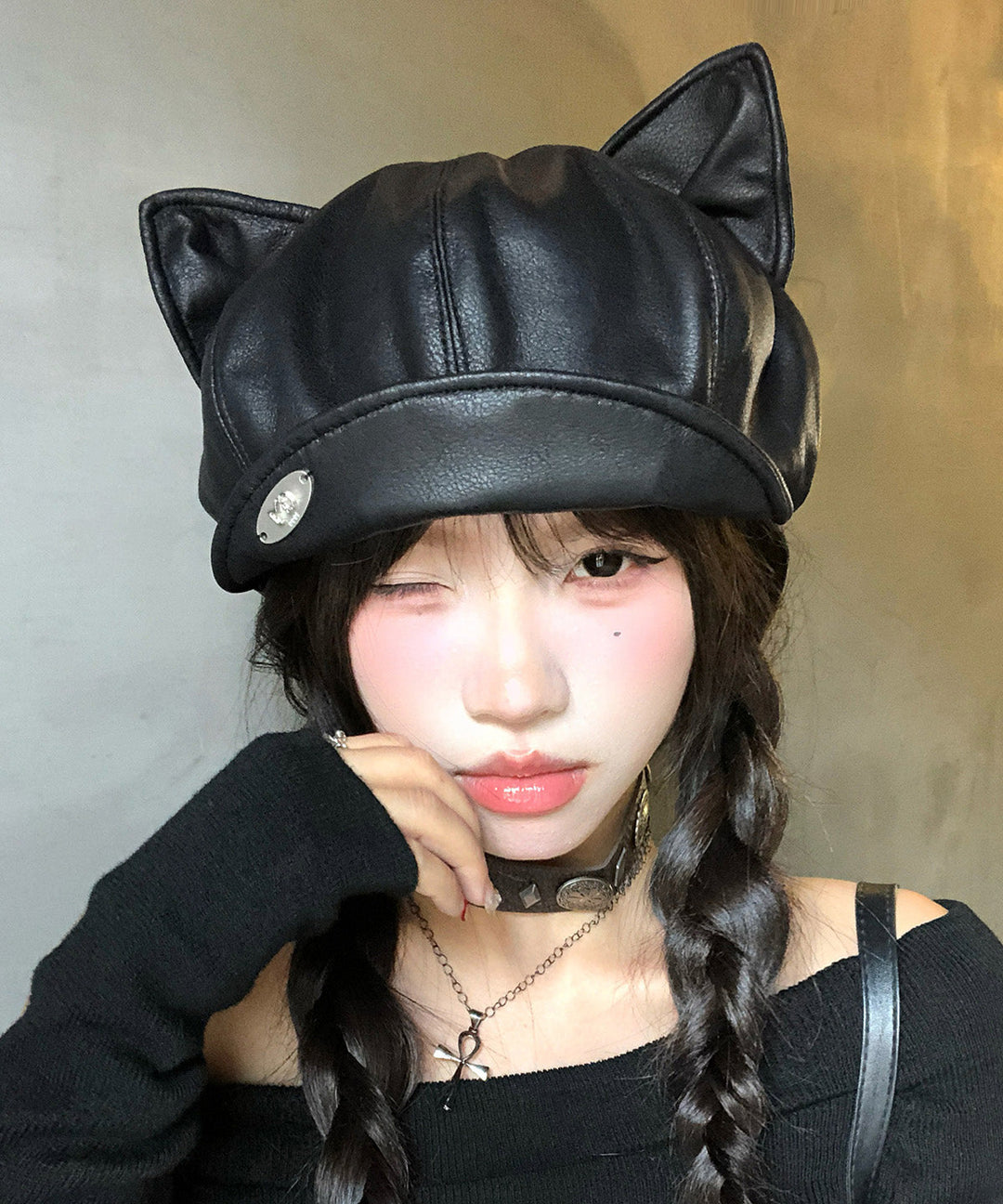 Spicy Girl Style Cat's Ears Black Faux Leather Beret Hat