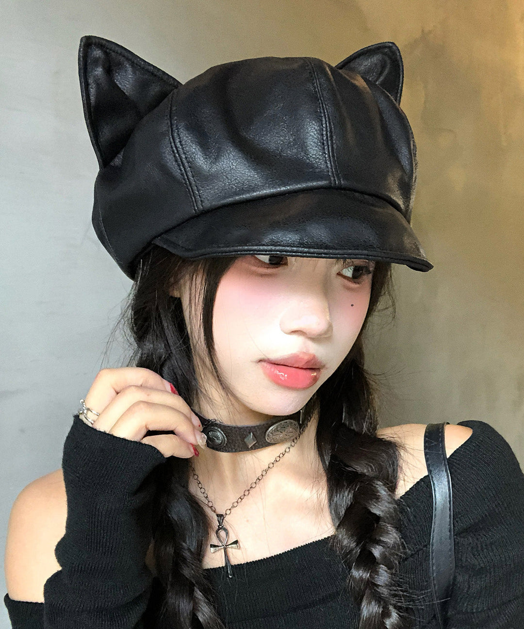 Spicy Girl Style Cat's Ears Black Faux Leather Beret Hat