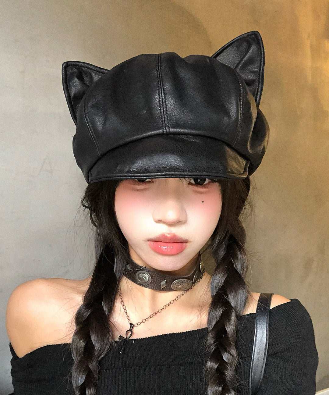 Spicy Girl Style Cat's Ears Black Faux Leather Beret Hat