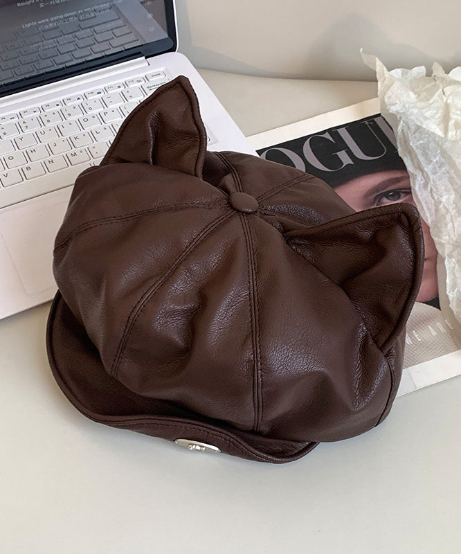 Spicy Girl Style Cat's Ears Black Faux Leather Beret Hat