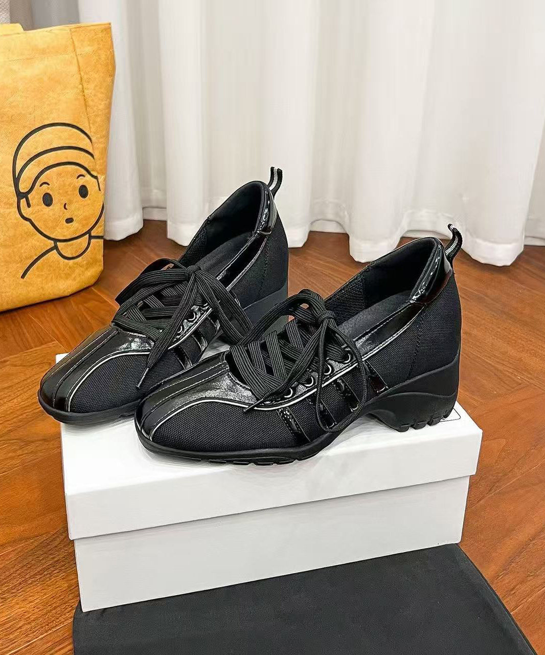 Sports Style Women's Black Platform Heel Soled Strap Ballet Single Shoes