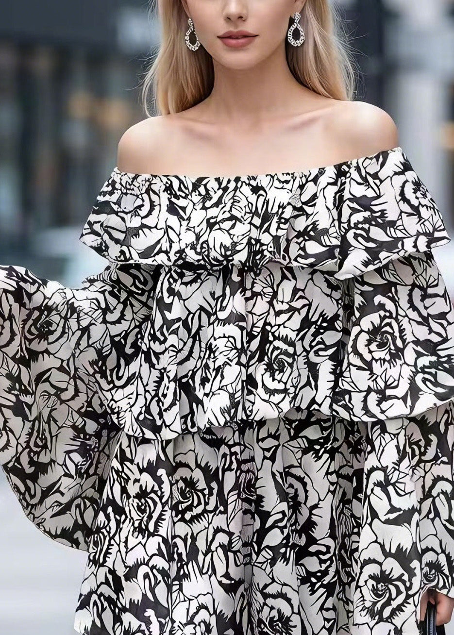 Spring New Chiffon Printed One Word Neck Bat Sleeve Ruffle Edge Top