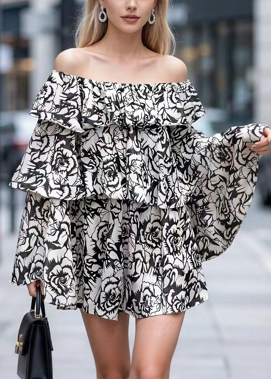 Spring New Chiffon Printed One Word Neck Bat Sleeve Ruffle Edge Top