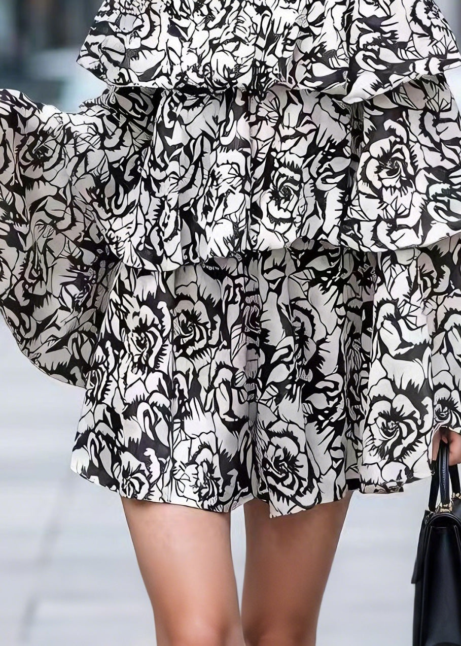 Spring New Chiffon Printed One Word Neck Bat Sleeve Ruffle Edge Top