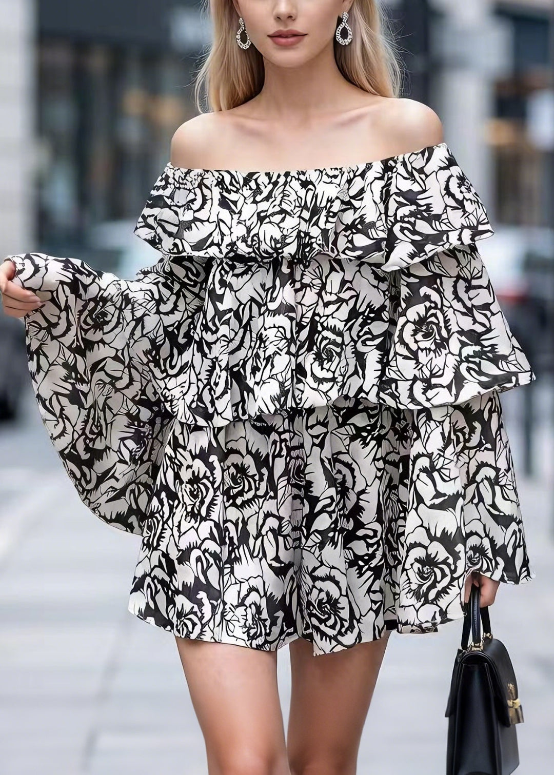 Spring New Chiffon Printed One Word Neck Bat Sleeve Ruffle Edge Top