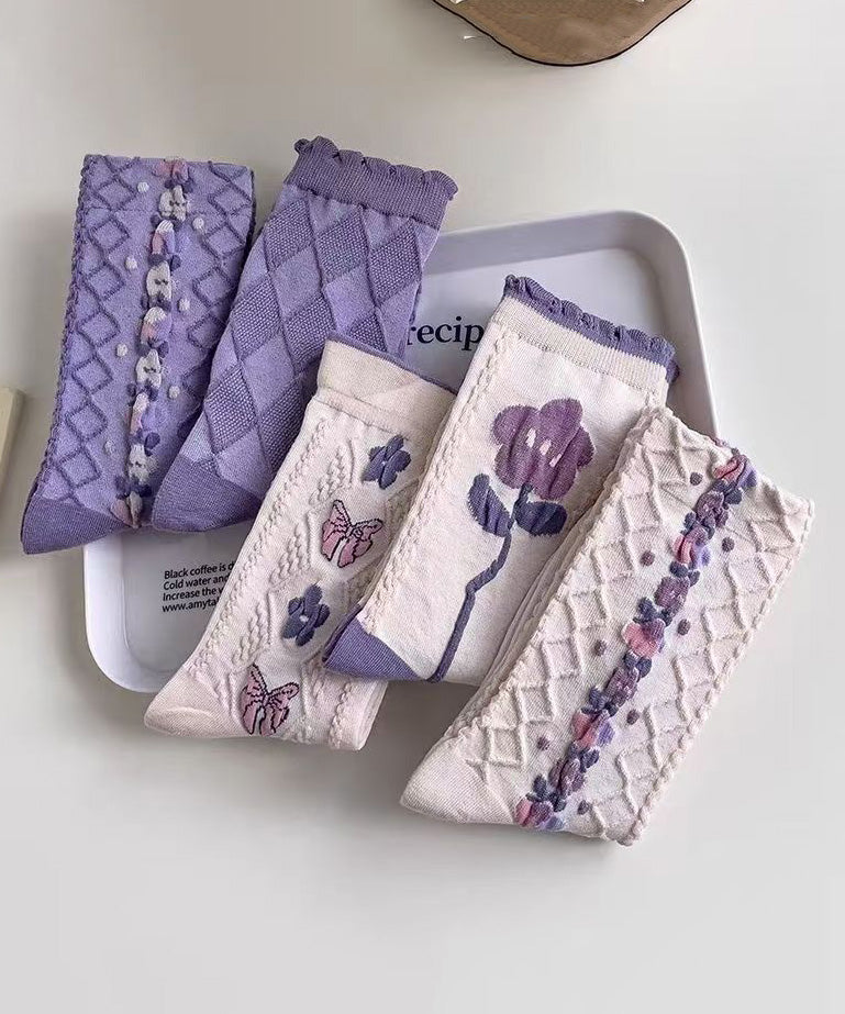 Spring Purple Jacquard Cozy Breathable Crew Socks