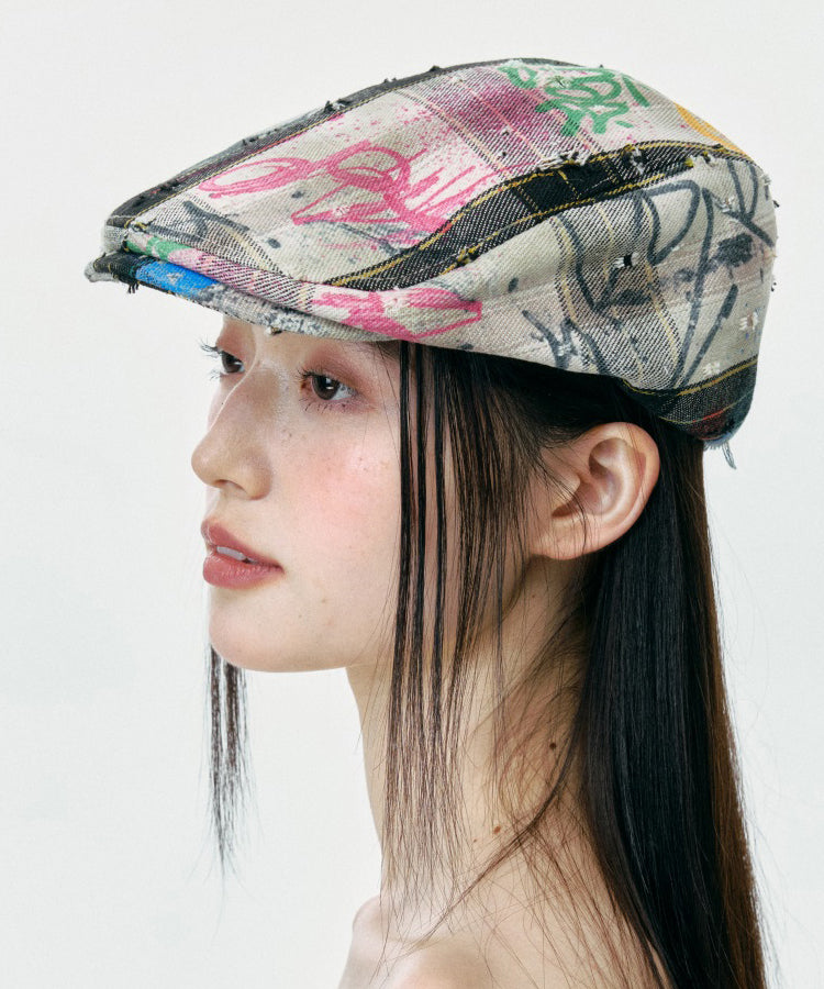 Streetwear Plaid Ripped Graffiti Breton Hat