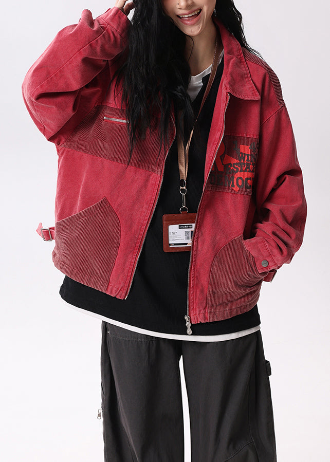 Streetwear Red Peter Pan Collar Pockets Patchwork Cotton Coats Spring