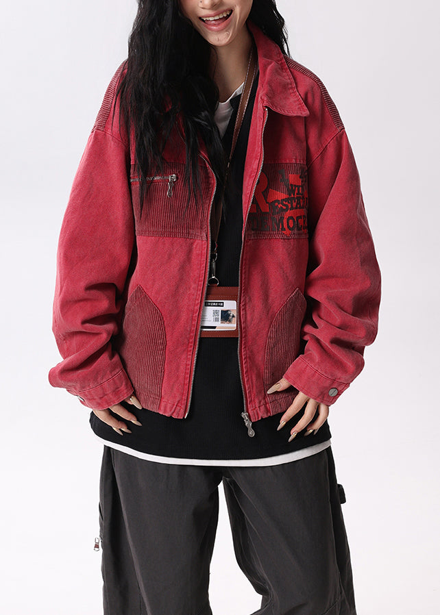 Streetwear Red Peter Pan Collar Pockets Patchwork Cotton Coats Spring