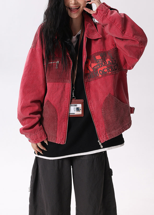 Streetwear Red Peter Pan Collar Pockets Patchwork Cotton Coats Spring