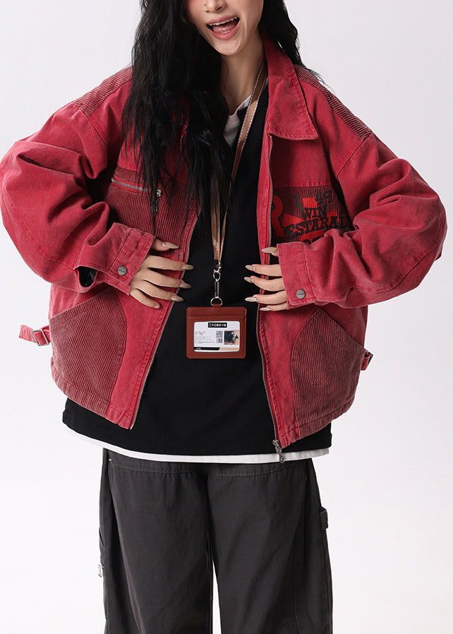 Streetwear Red Peter Pan Collar Pockets Patchwork Cotton Coats Spring