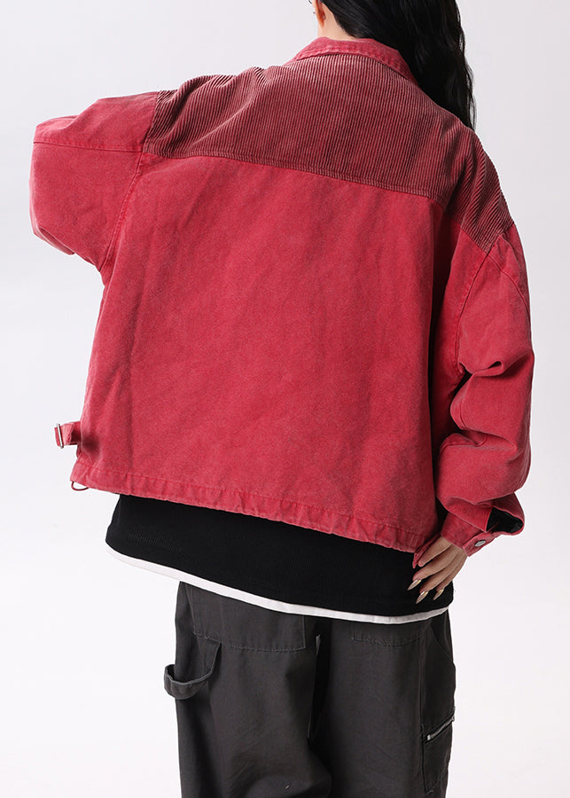 Streetwear Red Peter Pan Collar Pockets Patchwork Cotton Coats Spring