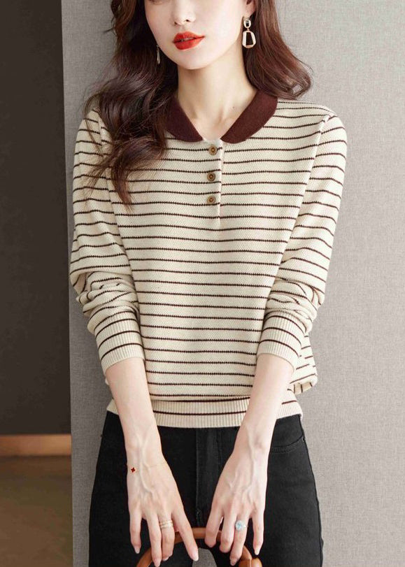 Striped Beige Button Cozy Patchwork Knit Sweater Tops