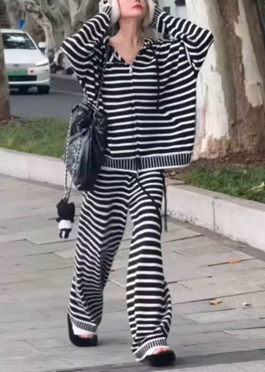 Striped Black Hooded Zippered Knit Two Pieces Set Fall