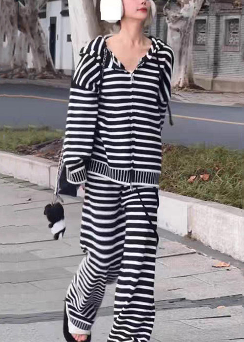 Striped Black Hooded Zippered Knit Two Pieces Set Fall