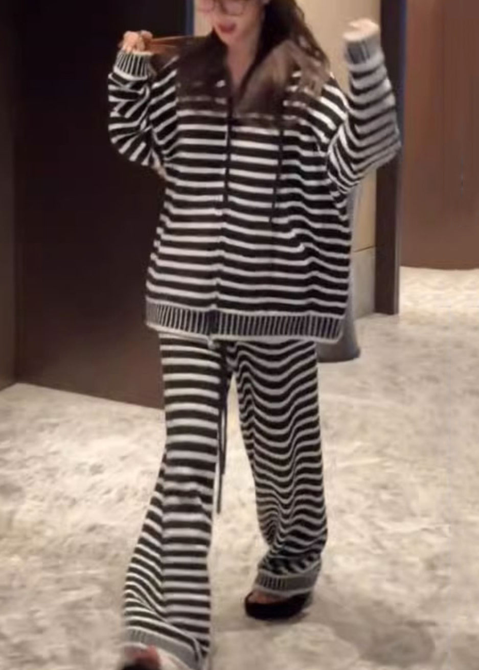 Striped Black Hooded Zippered Knit Two Pieces Set Fall