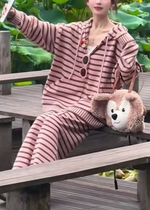 Striped Black Hooded Zippered Knit Two Pieces Set Fall