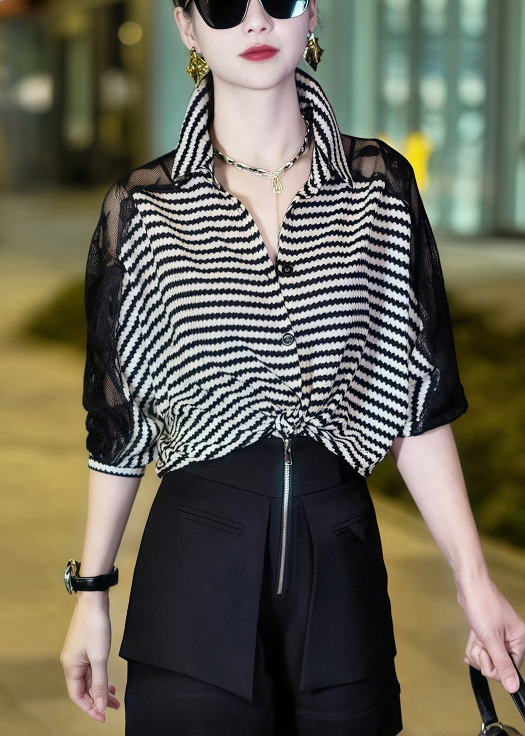 Striped Black Peter Pan Collar Lace Patchwork Blouses Half Sleeve