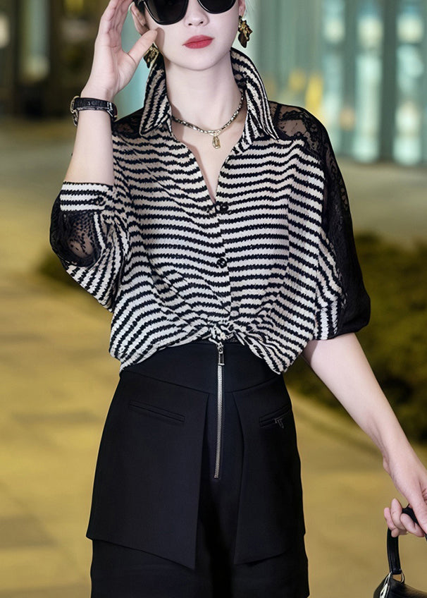 Striped Black Peter Pan Collar Lace Patchwork Blouses Half Sleeve