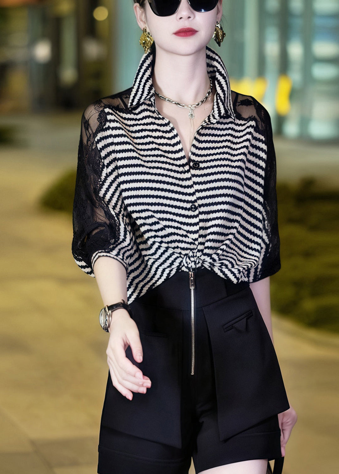 Striped Black Peter Pan Collar Lace Patchwork Blouses Half Sleeve