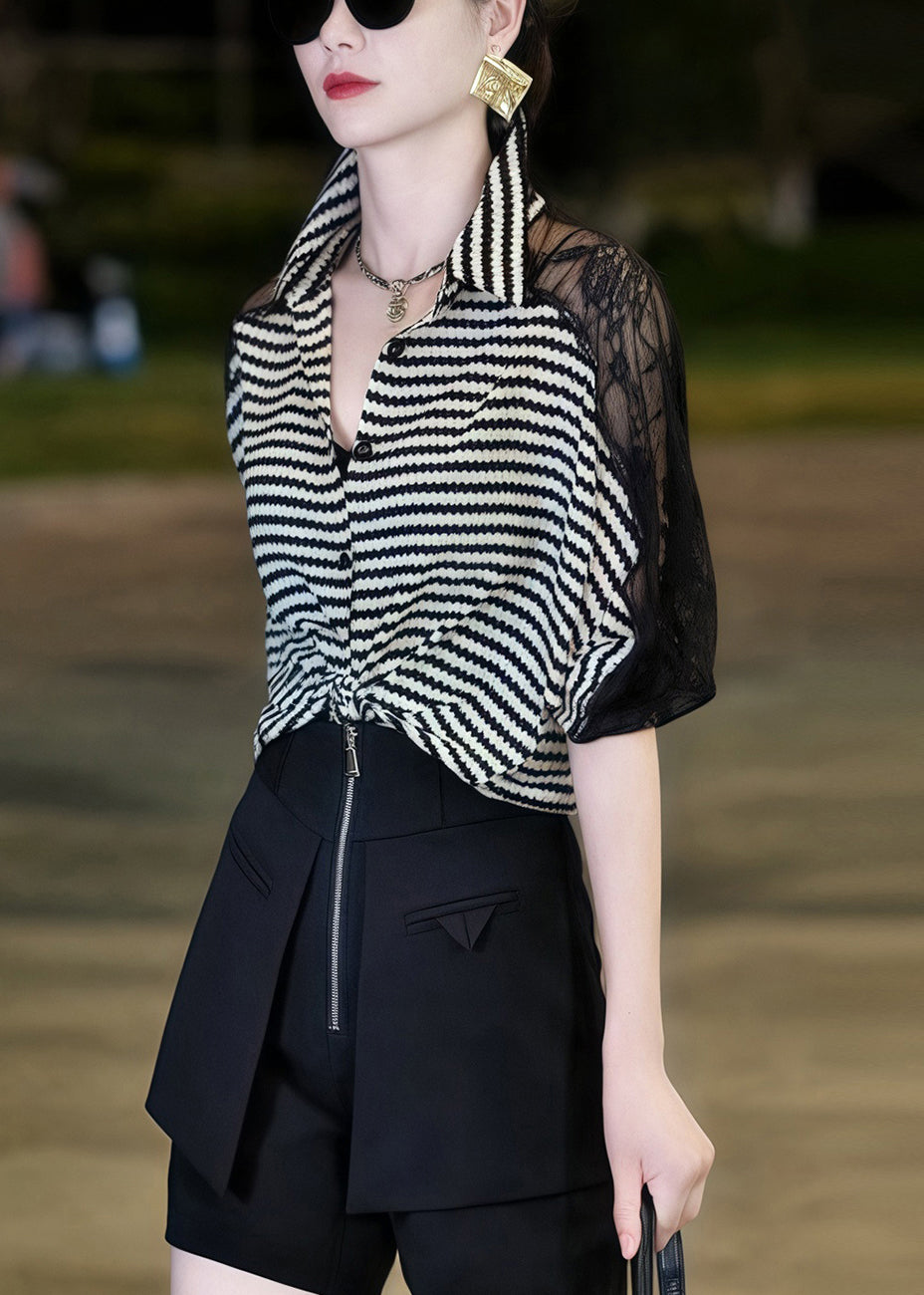 Striped Black Peter Pan Collar Lace Patchwork Blouses Half Sleeve