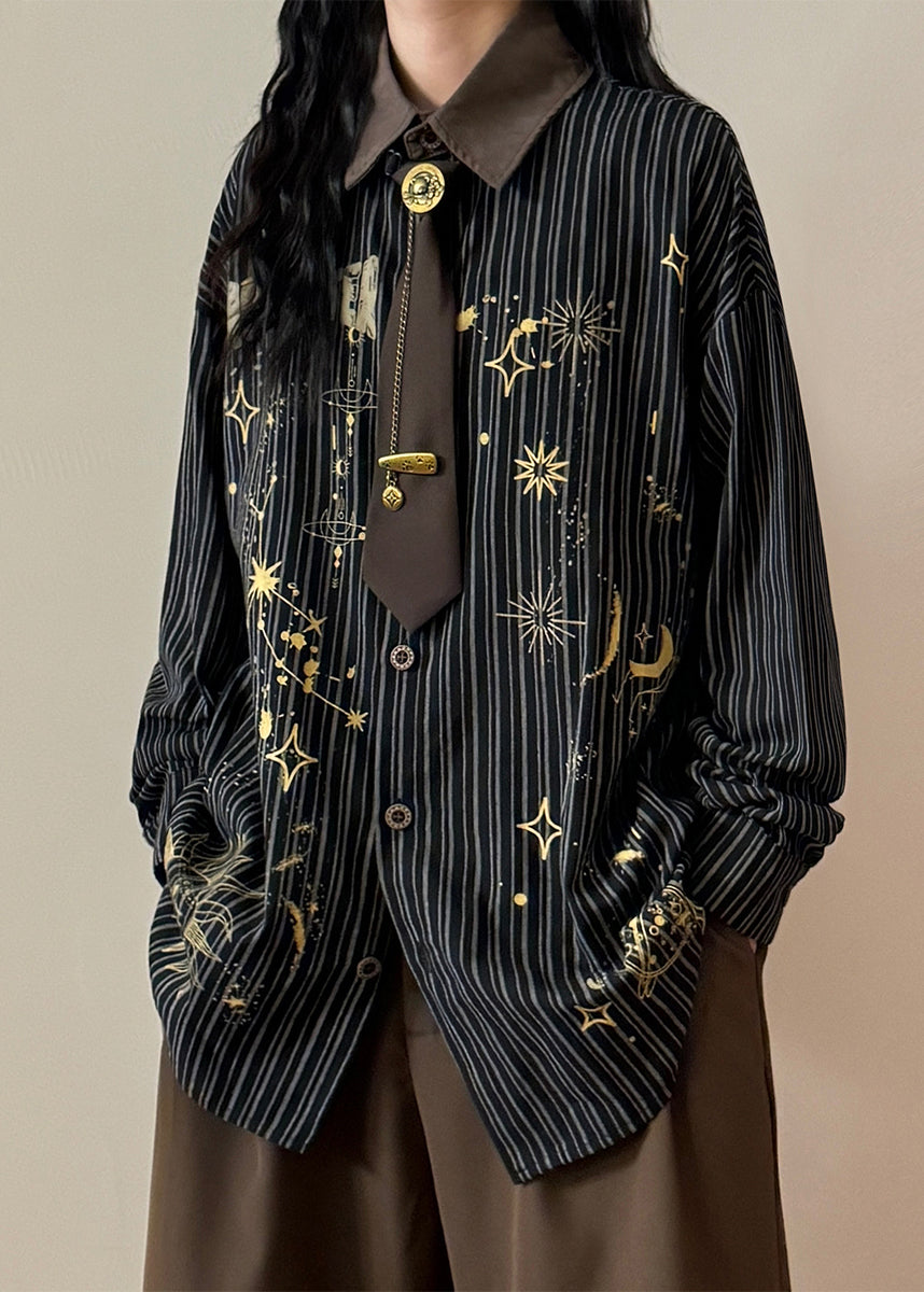 Striped Black Peter Pan Collar Print Button Cotton Blouse Spring