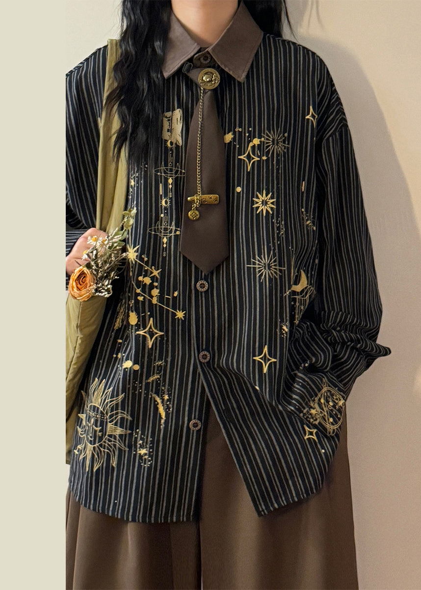 Striped Black Peter Pan Collar Print Button Cotton Blouse Spring