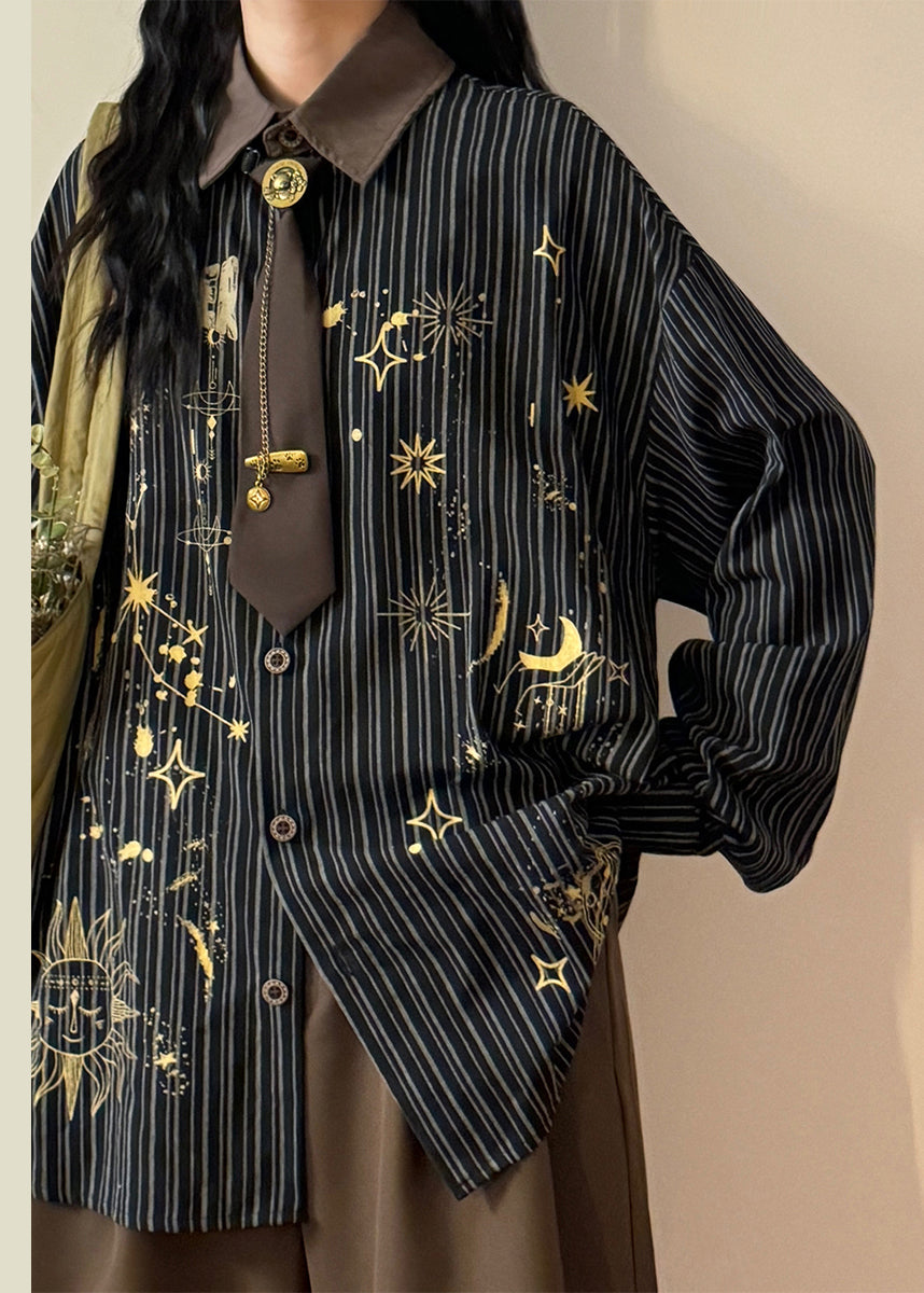 Striped Black Peter Pan Collar Print Button Cotton Blouse Spring