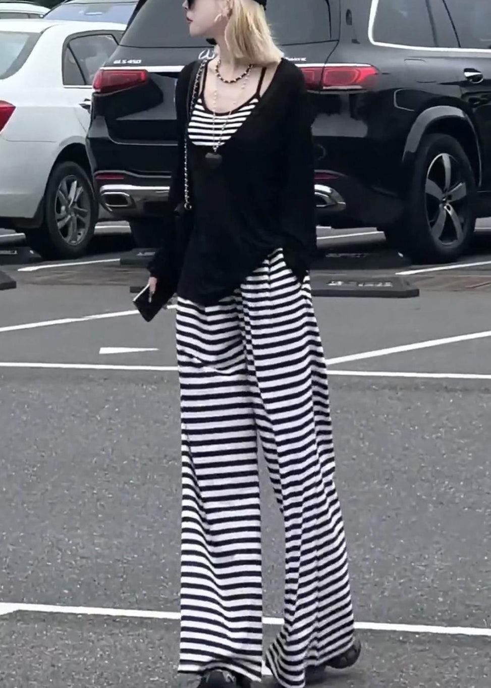 Striped Black Tops And Wide Leg Pants Cotton Three-Piece Set Fall