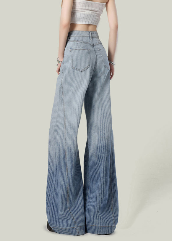Striped Blue Gradient Color Zircon Denim Wide Leg Pants Spring